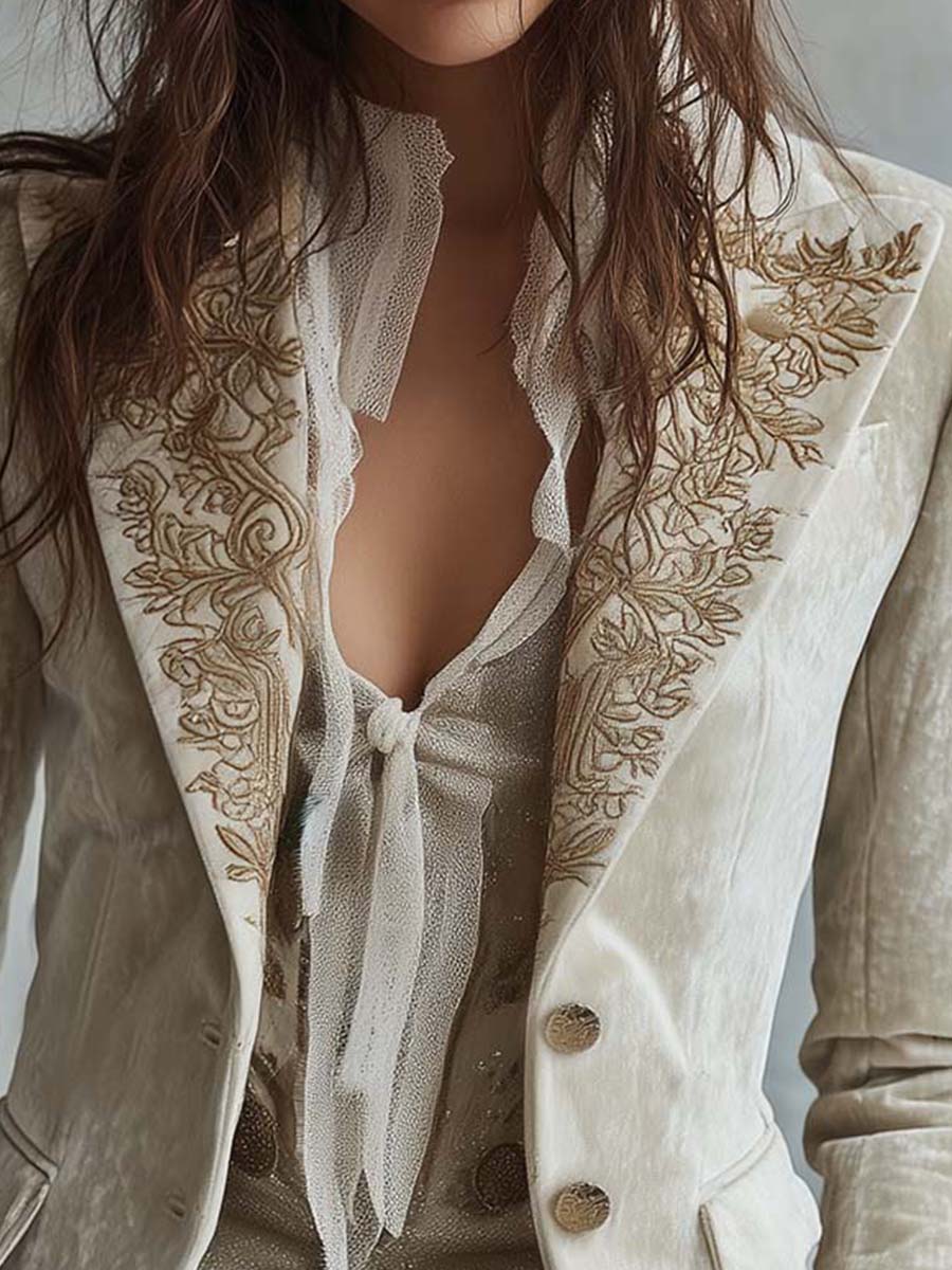 Embroidered Lace Cuff Velvet Look Blazer 4