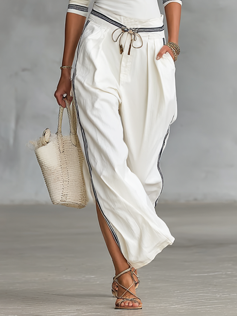 High Neck Striped Trim Top and Wide Leg Pants Set 4