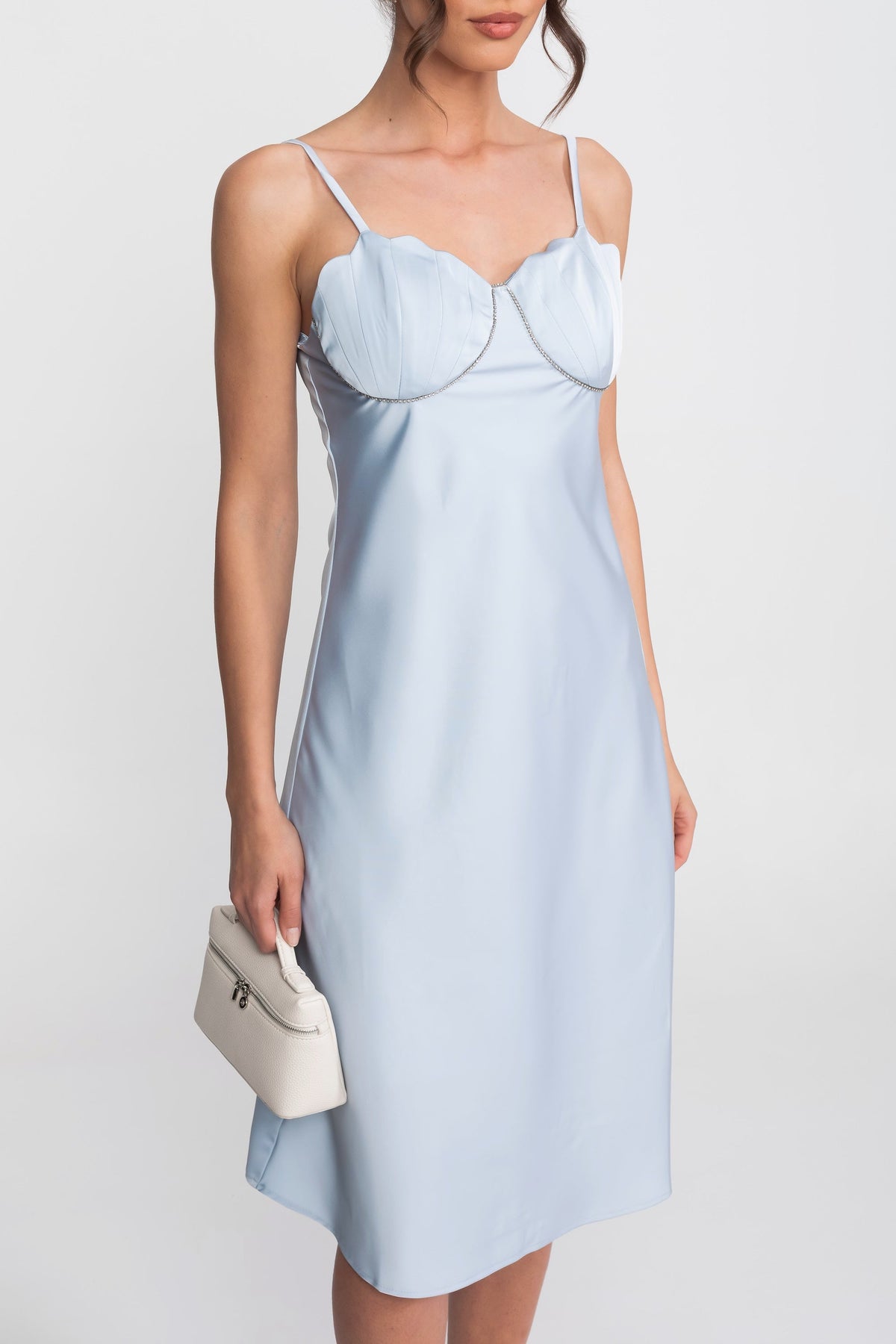 Satin Slip Midi Dress With Sweetheart Bustier Bodice - Light Blue - View 3