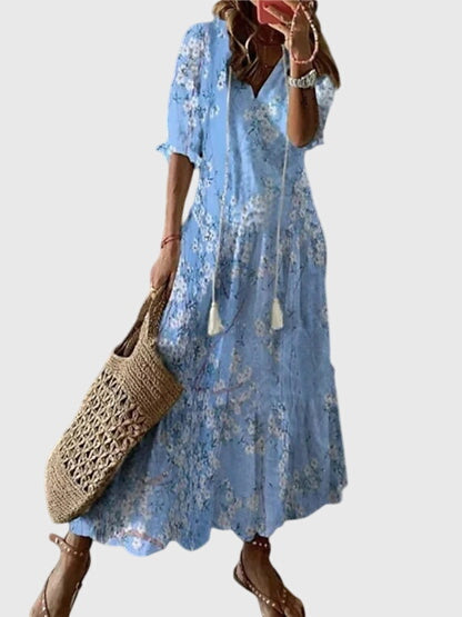 Ikat Print Tassel Tie V-Neck Tiered Boho Maxi Dress 5