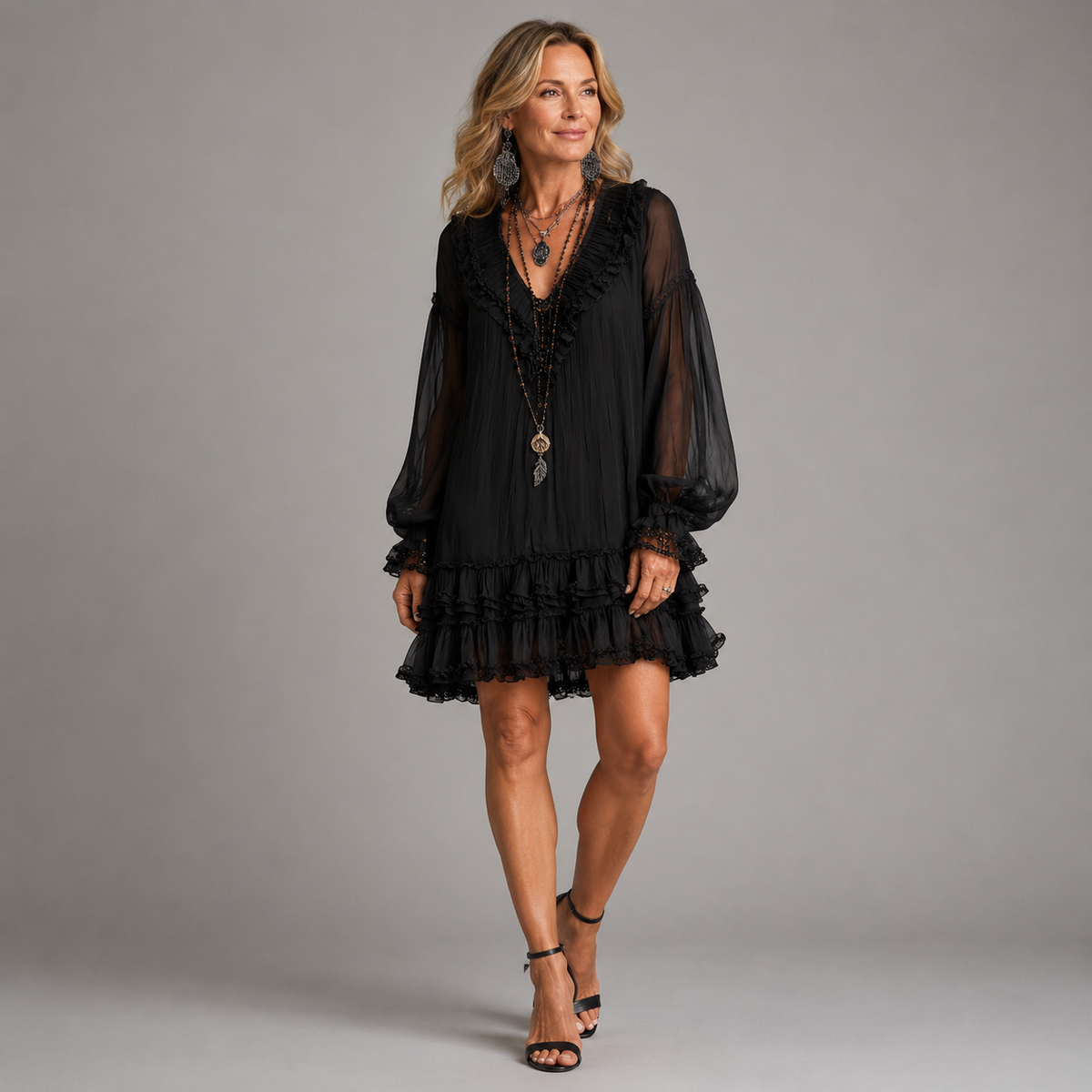 V-Neck Long Sleeve Ruffle Tiered Sheer Mini Dress 2