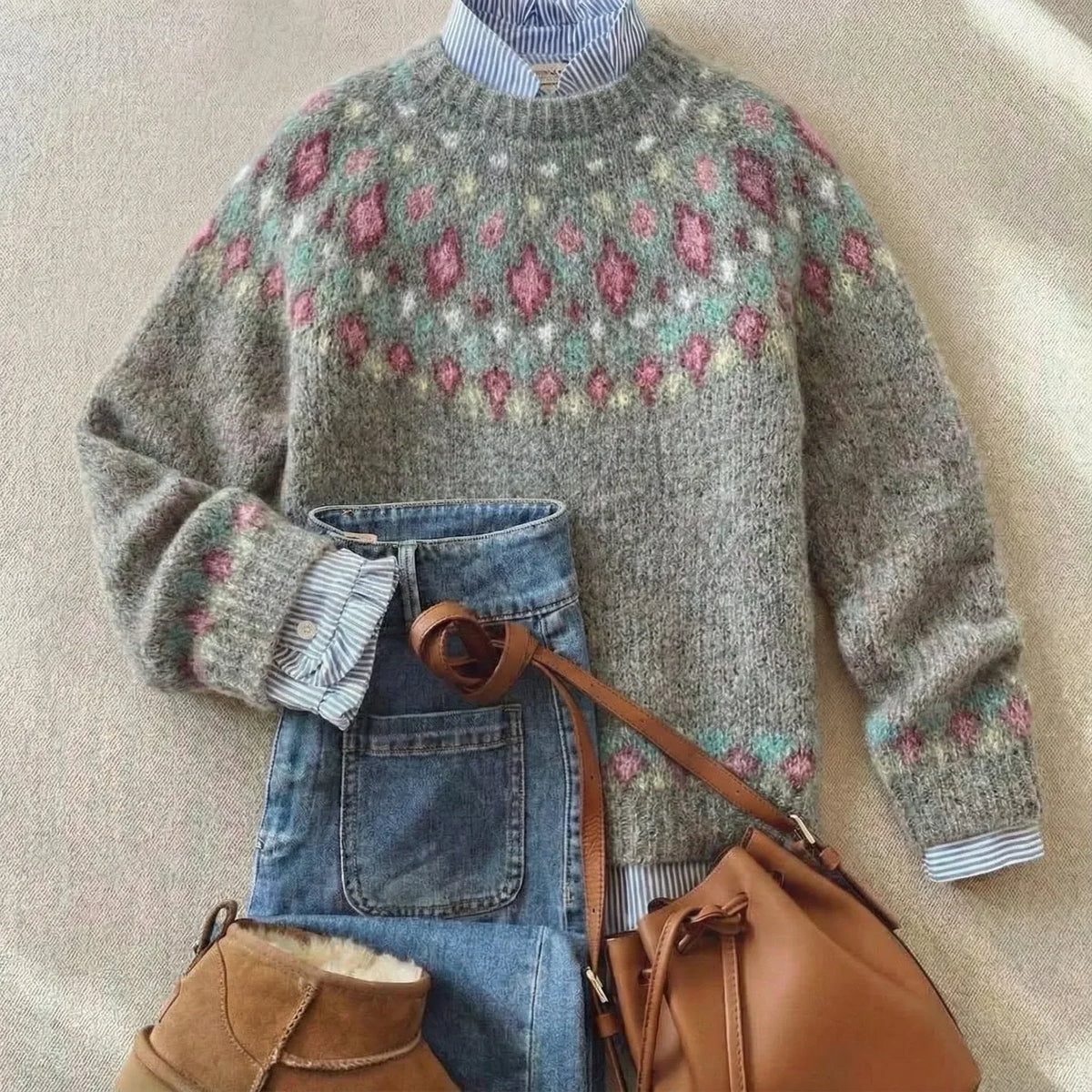 Crew Neck Fair Isle Diamond Pattern Knit Sweater