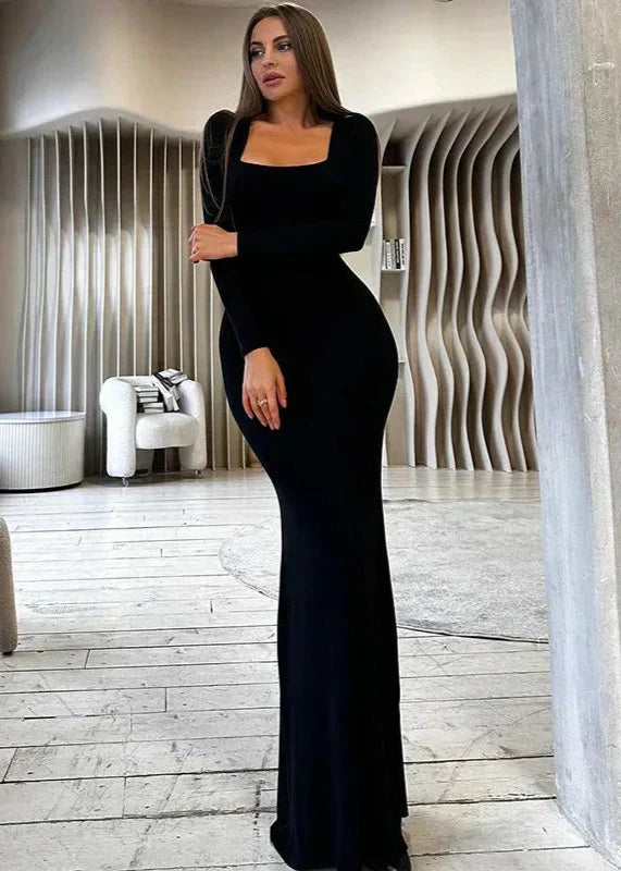 Black Slim-Fit Lace-Up Backless Long-Sleeve Dress - View 2
