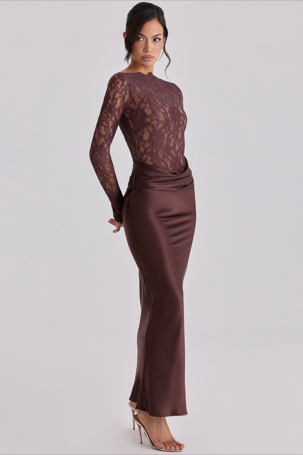 Lace Sheer Mesh Ruched Satin Maxi Dress