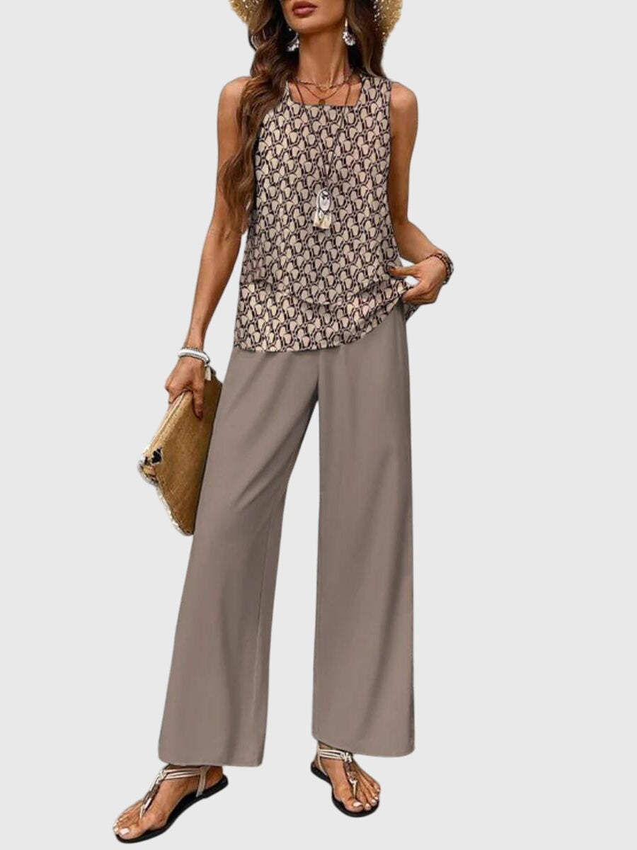 Sleeveless Top and Leaf Print Wide Leg Pants Two Piece Set 6