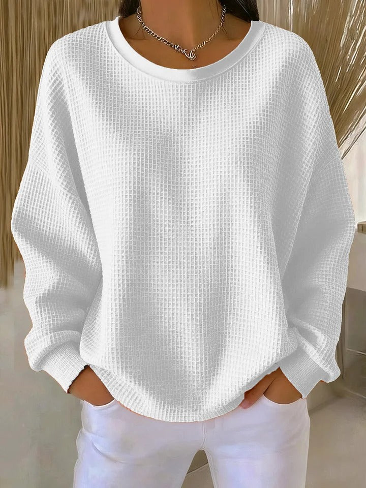 Crew Neck Drop Shoulder Waffle Knit Oversized Sweatshirt 5
