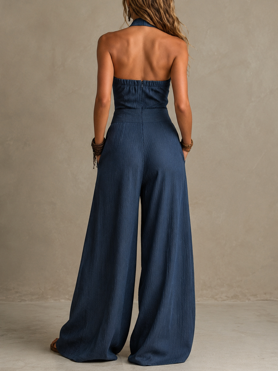 Halter Cross Front Pleated Wide Leg Jumpsuit 4