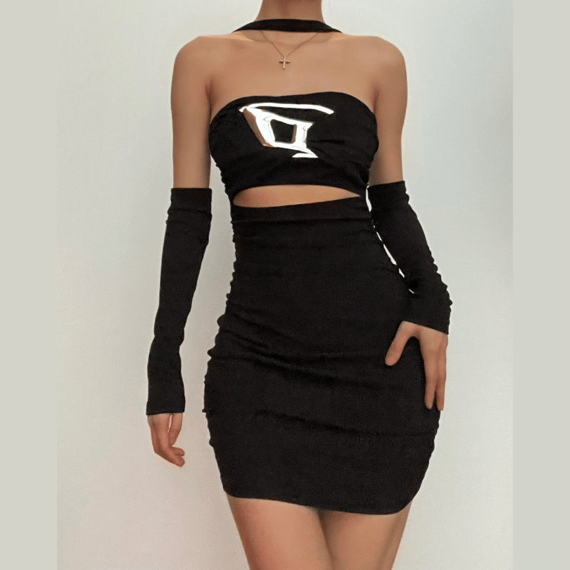 Glove Halter Neck Cut Out Ruched Bodycon Mini Dress