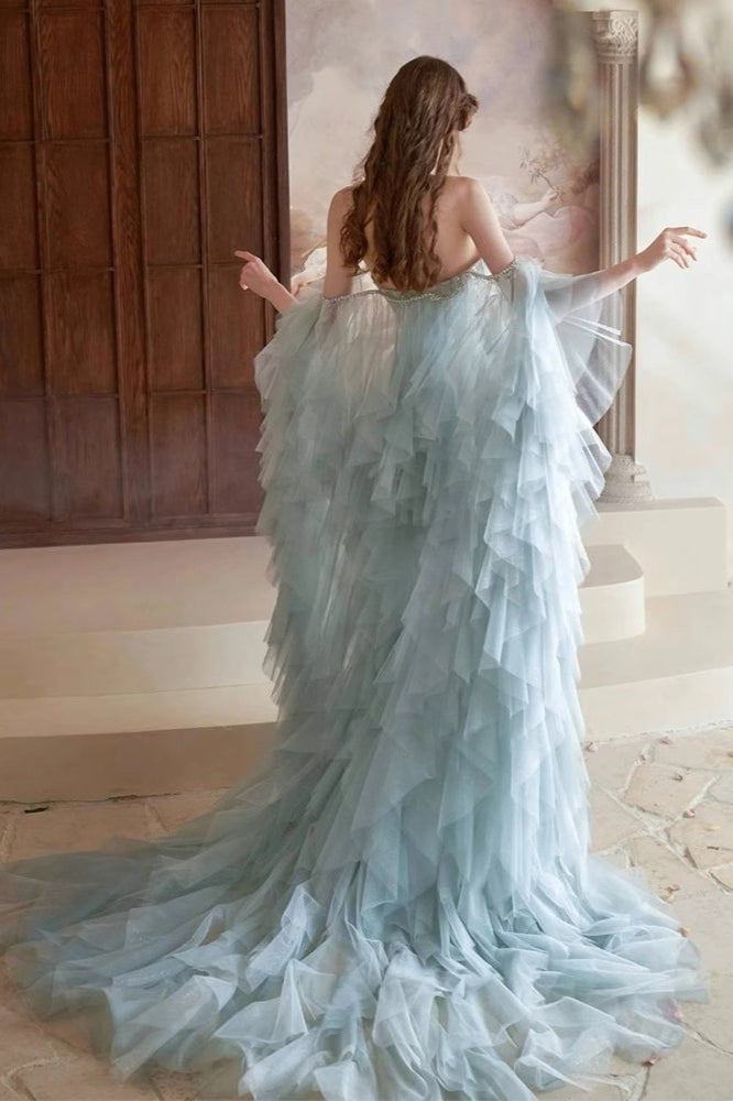 Strapless Sweetheart Feather Beaded High Low Prom Dress - View 3