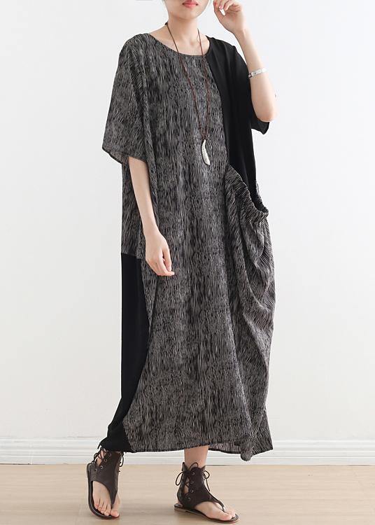 Textured Stripe Print Short Sleeve Patch Pocket Oversized Maxi Dress - View 2