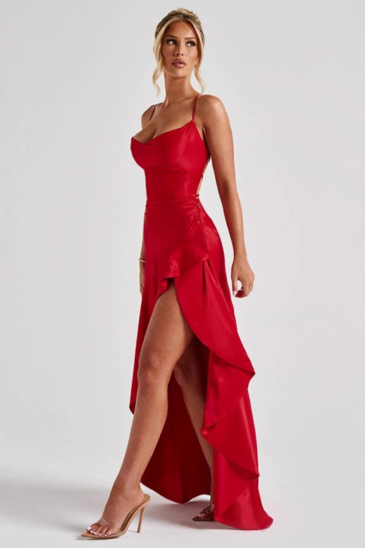 Satin Cowl Neck Spaghetti Strap Ruffle High Split Slip Maxi Dress - View 2