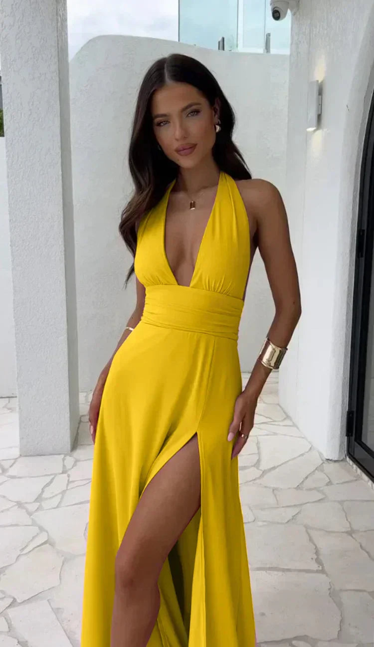 Halter Neck Deep V-Neck Ruched Waist High Split Maxi Dress - View 4