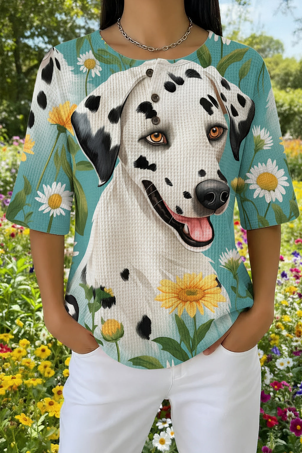 Dalmatian Daisy Print Round Neck Henley Top