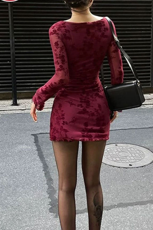 Floral Mesh Boat Neck Long Sleeve Bodycon Mini Dress - View 2
