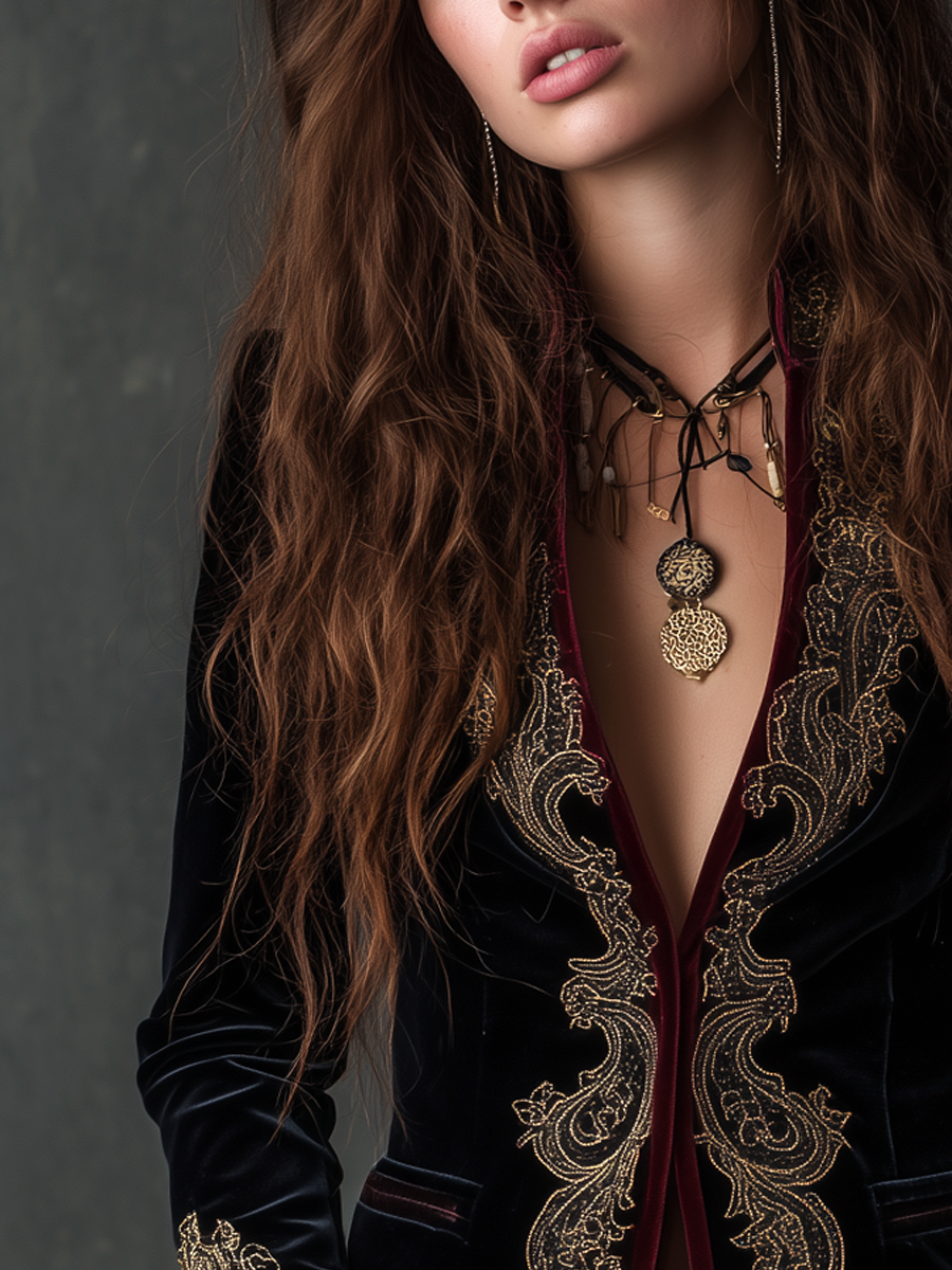Baroque Embroidered Velvet Open Front Blazer 2