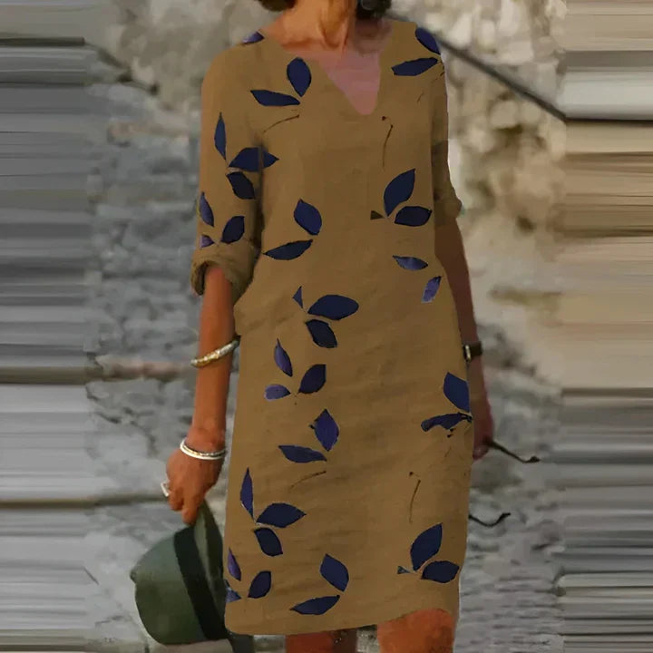 Leaf Print V-Neck Three Quarter Sleeve Pocket Shift Midi Summer Dress - View 3