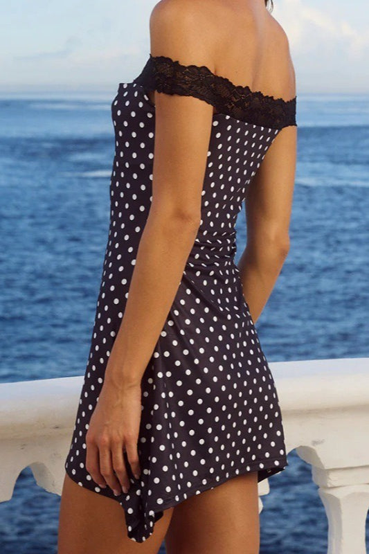 Off Shoulder Polka Dot Lace Trim Bodycon Mini Dress - View 2
