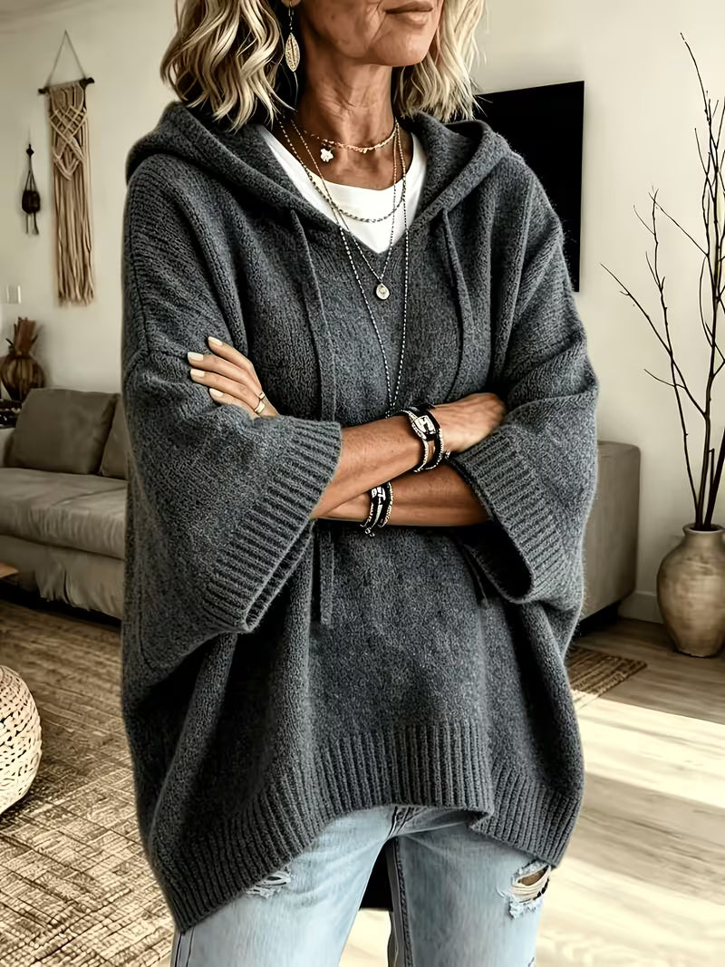 Hooded Drawstring Oversized Knit Poncho Sweater 17