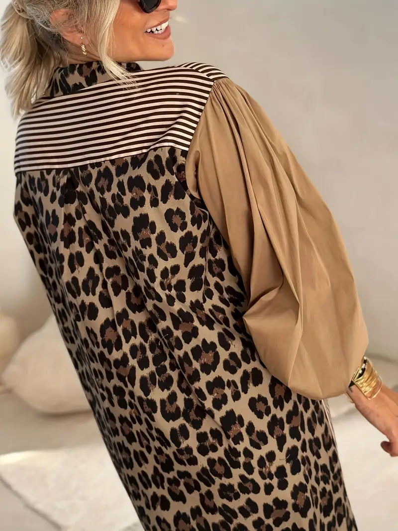 Leopard Print Collar Pocket Bishop Sleeve Pinstripe Midi Shirt Dress - View 2