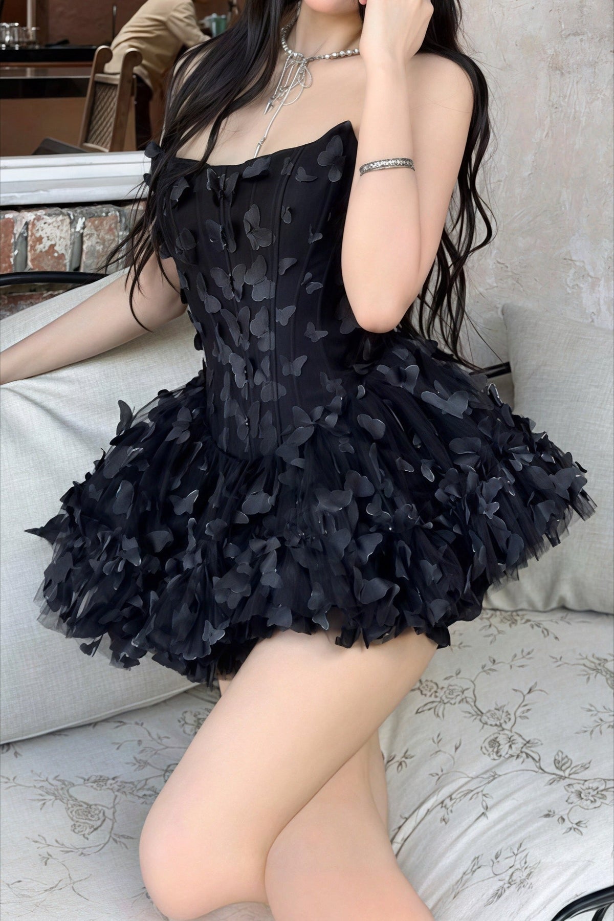 Strapless Corset Butterfly Appliqué Tulle Ruffle Mini Dress - View 10