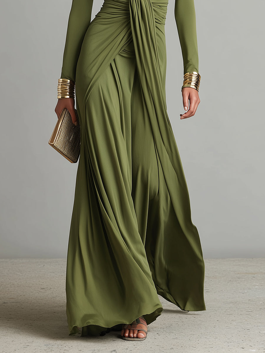 Deep V-Neck Long Sleeve Twist Front Maxi Dress 4