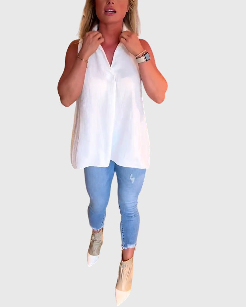 Collared Sleeveless High Low Blouse 5