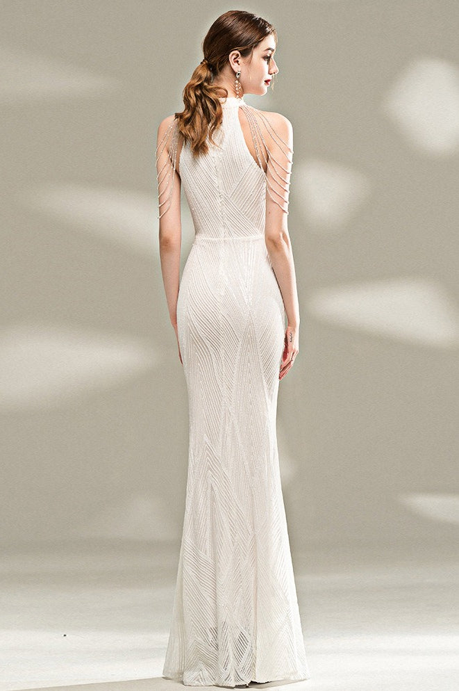 Sequin Halter Neck Fringe Trim Mermaid Maxi Gown - View 5