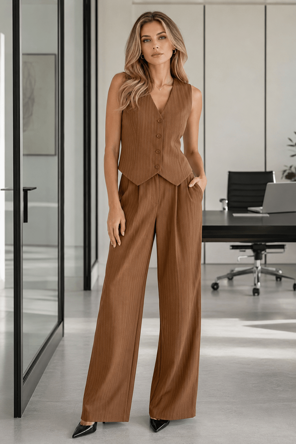 Stripe V Neck Blazer Two Piece Work Set