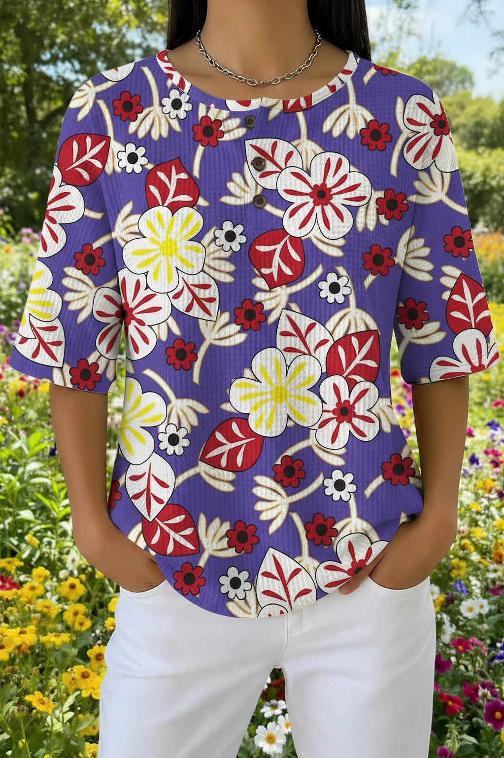 Floral Leaf Print Round Neck Short Sleeve Waffle Knit Top