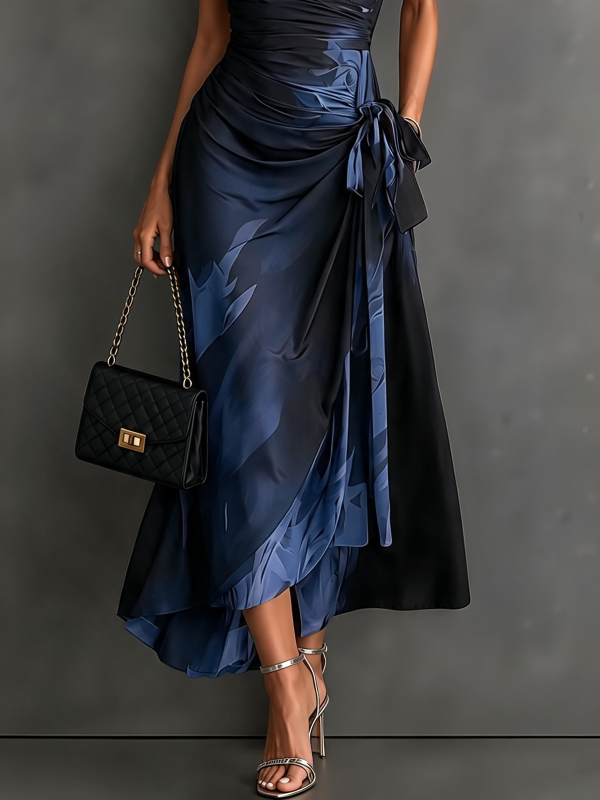 Abstract Print Collared Cap Sleeve Ruched Wrap Maxi Dress 7