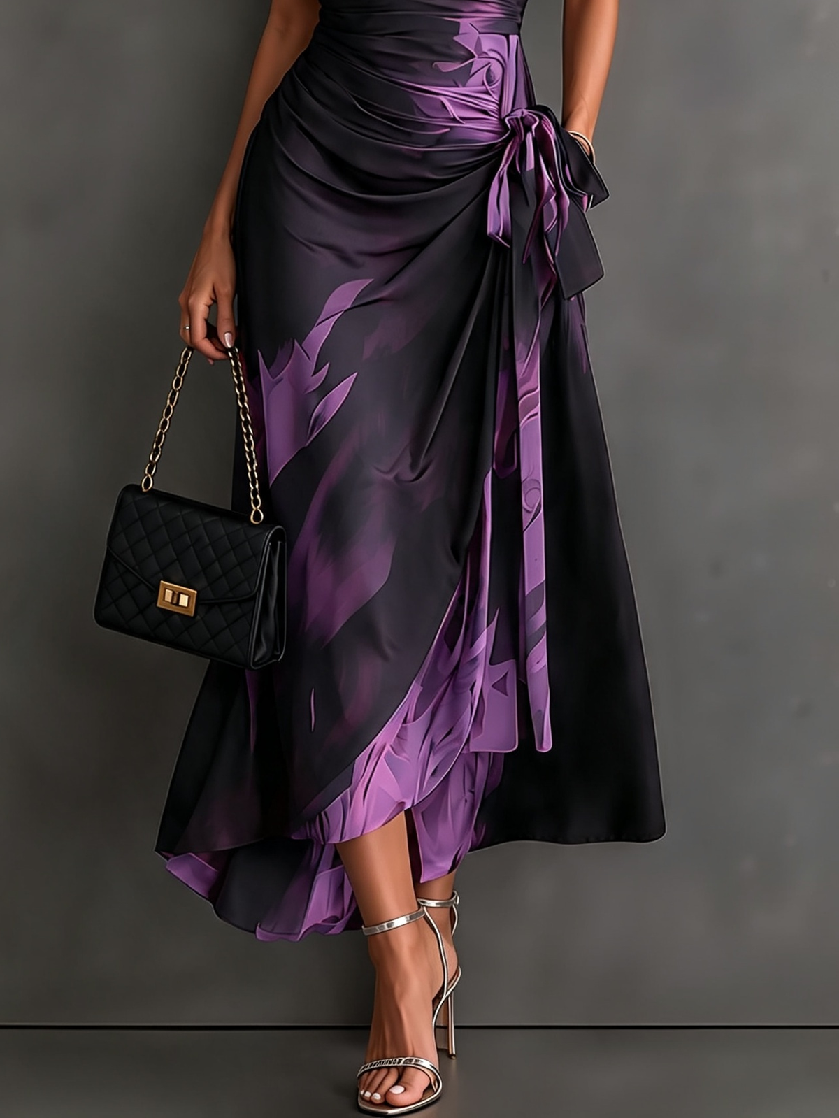 Abstract Print Collared Cap Sleeve Ruched Wrap Maxi Dress 12