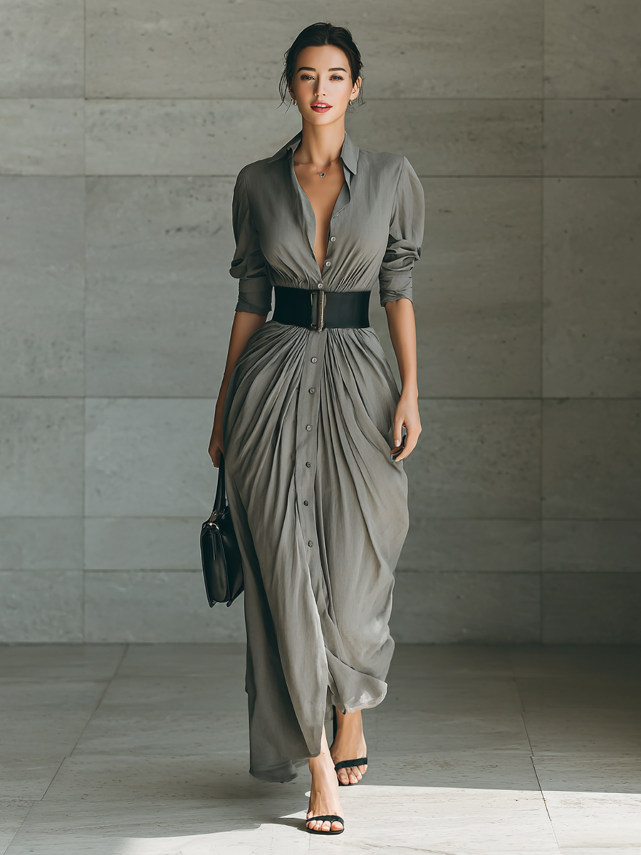 Collared Belted Ruched Long Sleeve Draped Maxi Shirt Dress 4