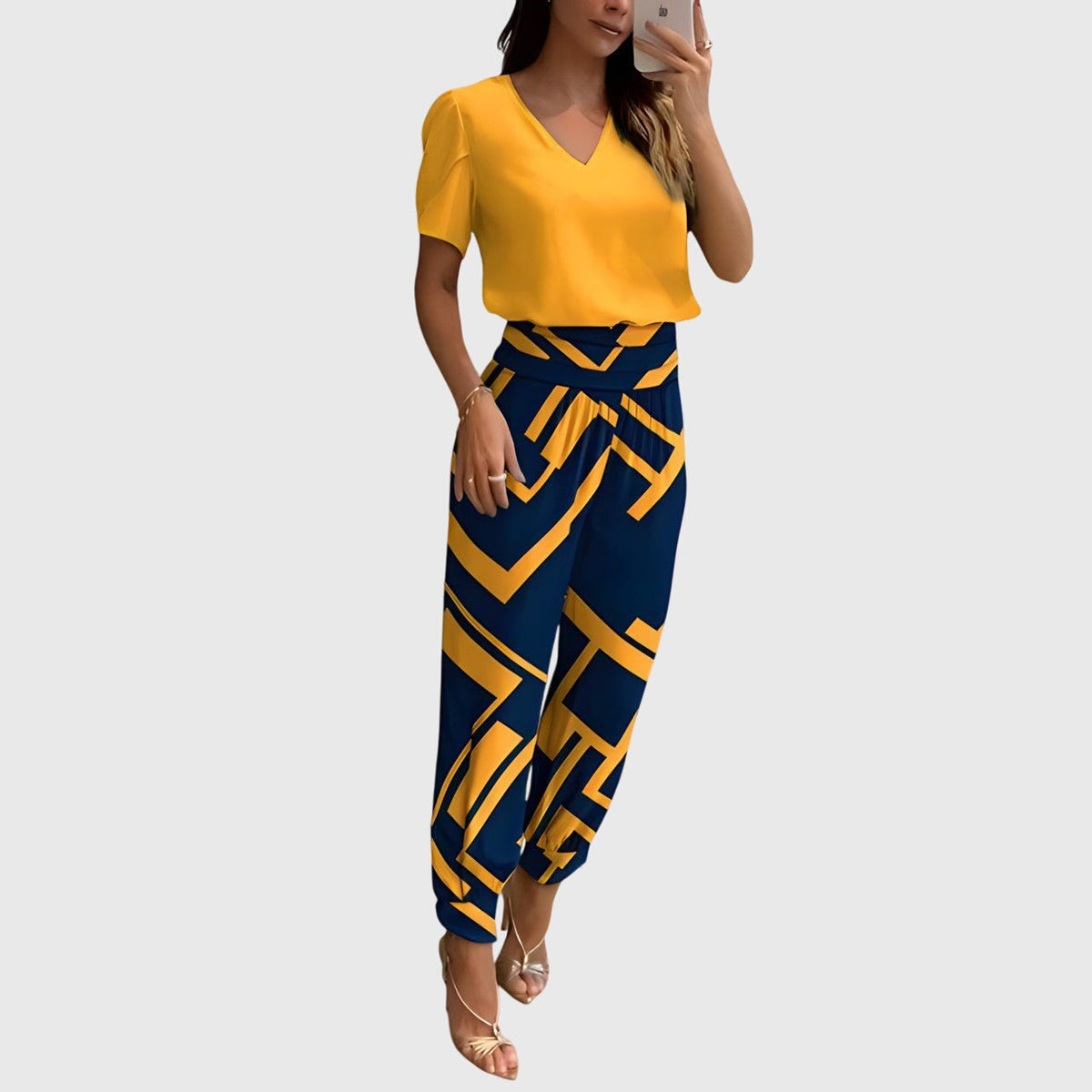 V-Neck Short Sleeve Top and Geometric Print Cuffed Pants Two Piece Set 2