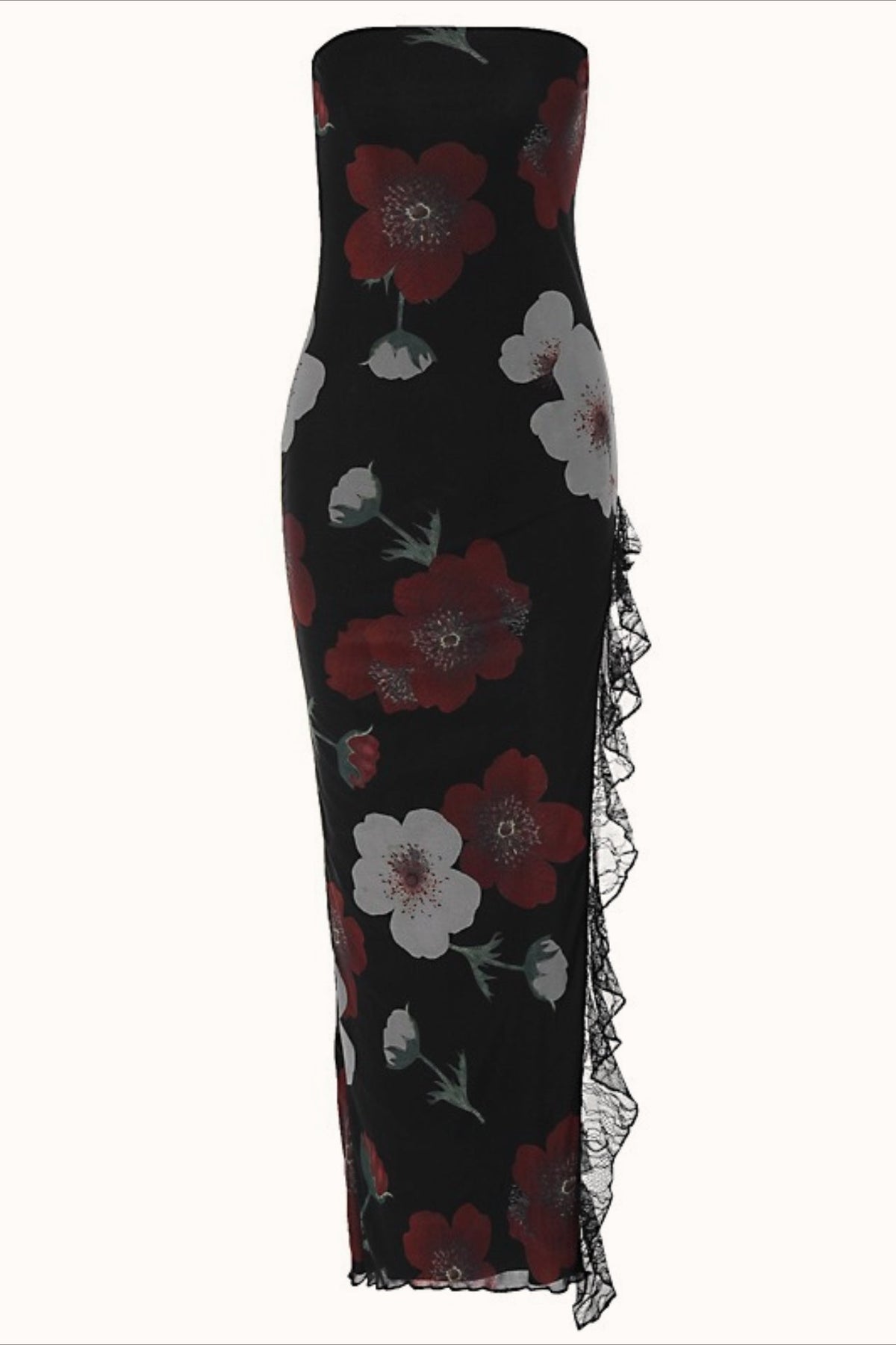 Off Shoulder Mesh Strapless Slit Slim Floral Dress - View 9