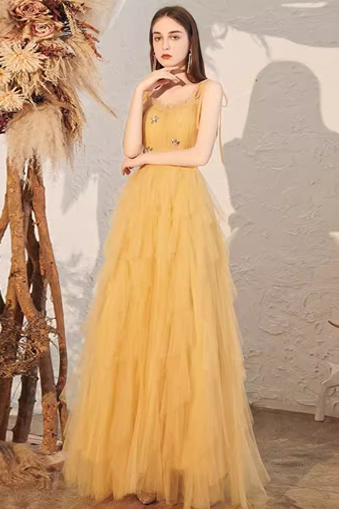Tulle Spaghetti Strap Square Neck Tiered Ruffle Maxi Prom Dress - View 5