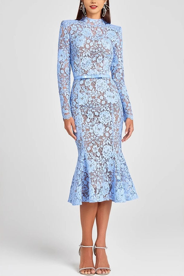 Sheer Hollow Out Belted Mermaid Lace Dress - View 3