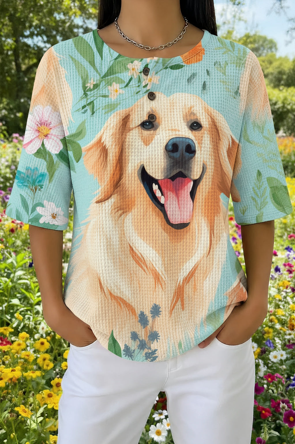 Dog Print Waffle Knit Short Sleeve Henley Top