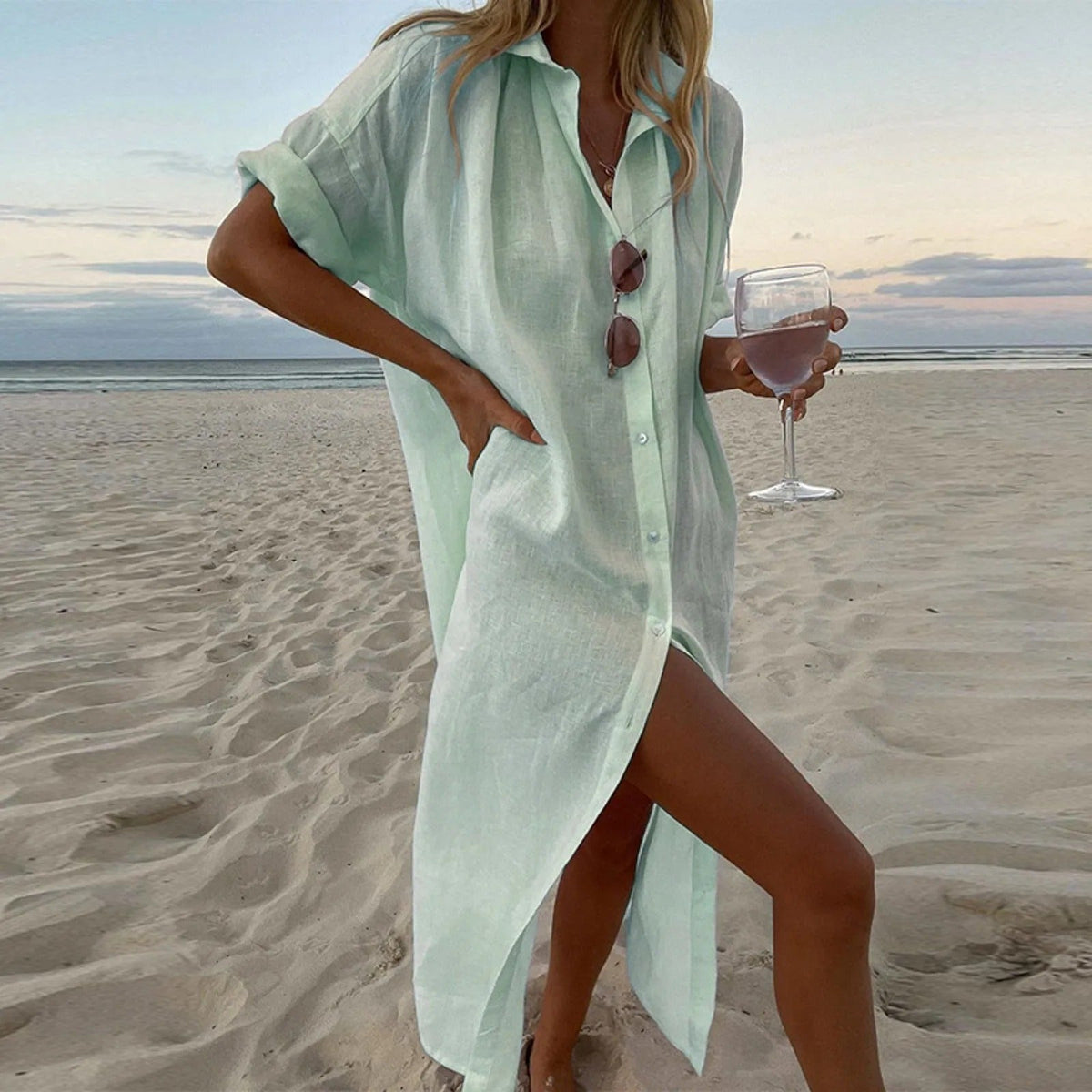 Linen Oversized Button Front Side Slit Maxi Shirt Dress - View 4