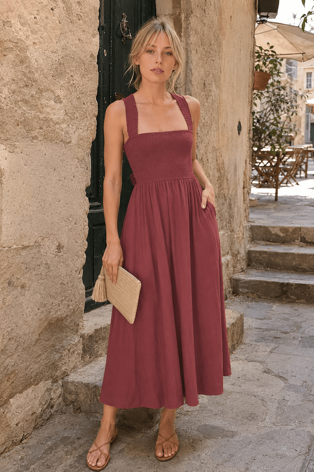 Square Neck Smocked Cross Back Sleeveless A-Line Midi Dress 8