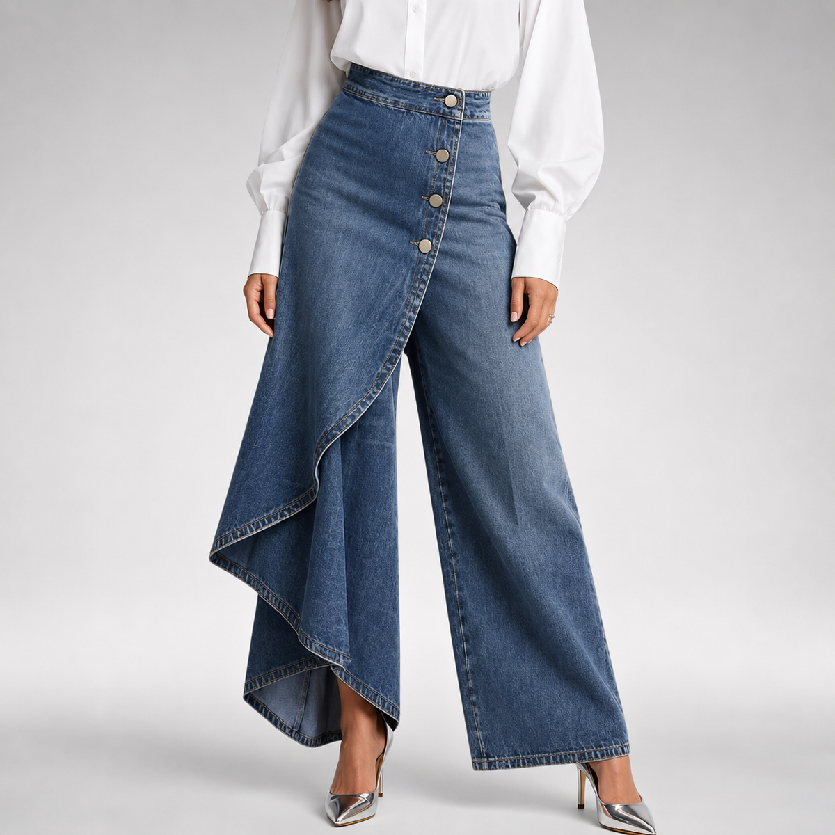 Layered Wrap Wide Leg Denim Trousers 7