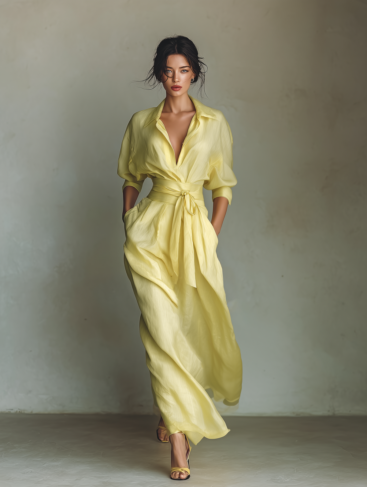 Collared Deep V-Neck Tie Waist Flowy Maxi Shirt Dress 3