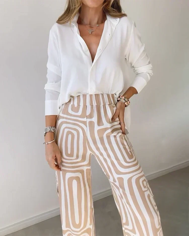 Long Sleeve Shirt and Geometric Print Wide Leg Pants Two Piece Set 3