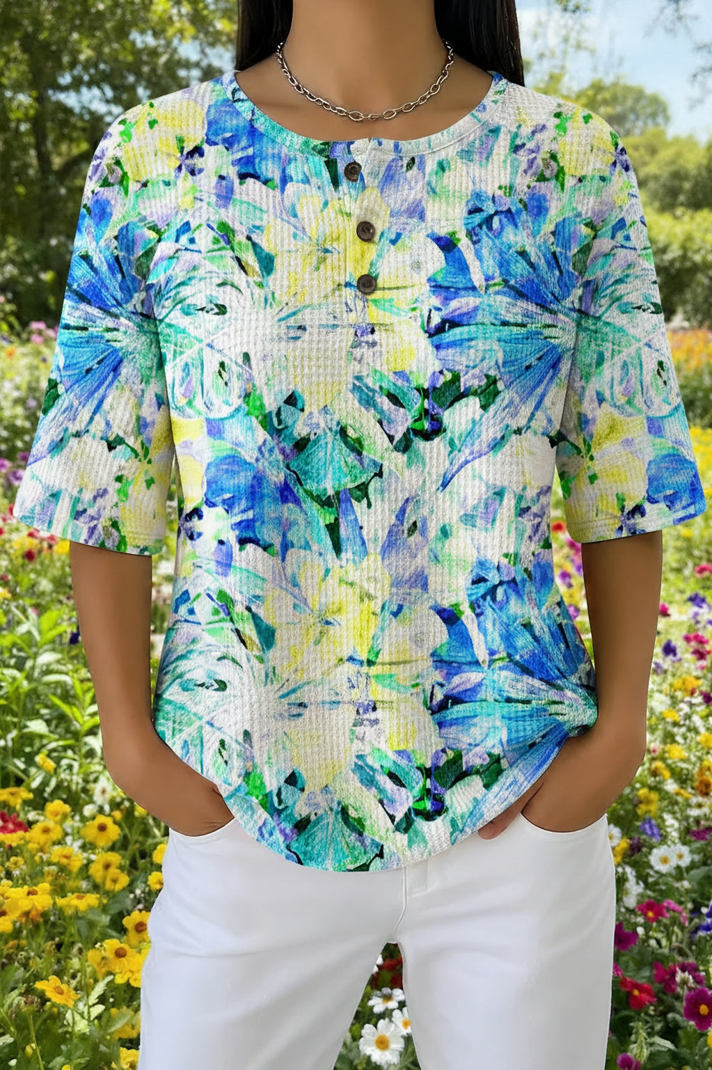 Watercolor Botanical Floral Print Button Henley Waffle Top