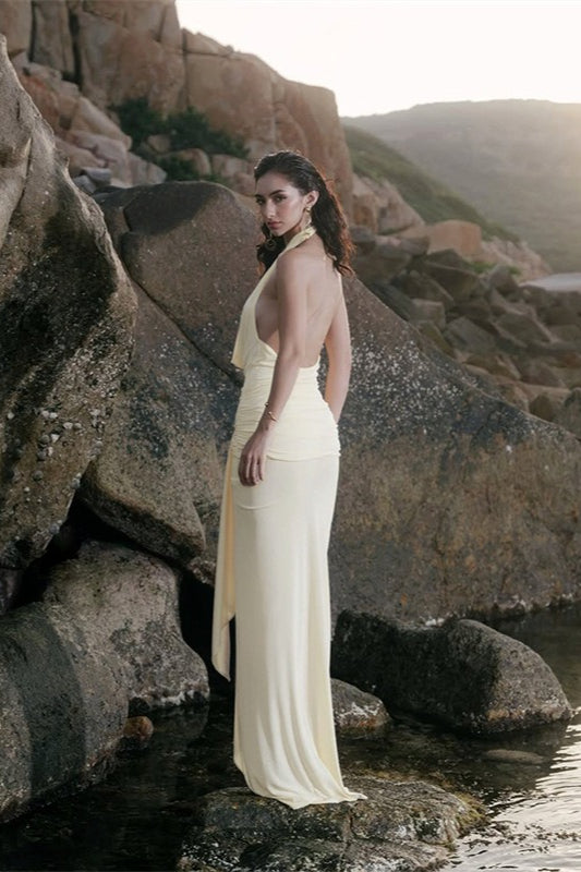 Halter Neck Cowl Ruched Hip Sash Drape Backless Maxi Party Gown - View 6