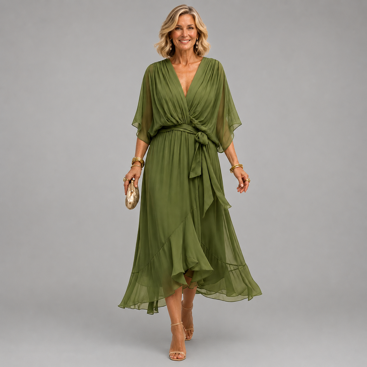 Deep V-Neck Kimono Sleeve Belted Ruffle Wrap Midi Dress
