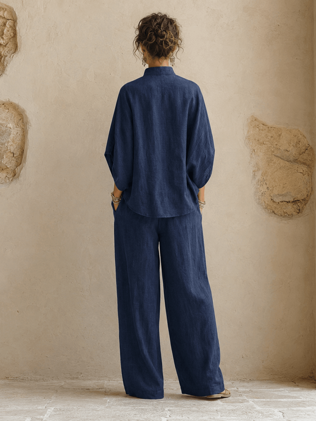 Stand Collar Three Quarter Sleeve Button Top and Wide Leg Pants Two Piece Set 4