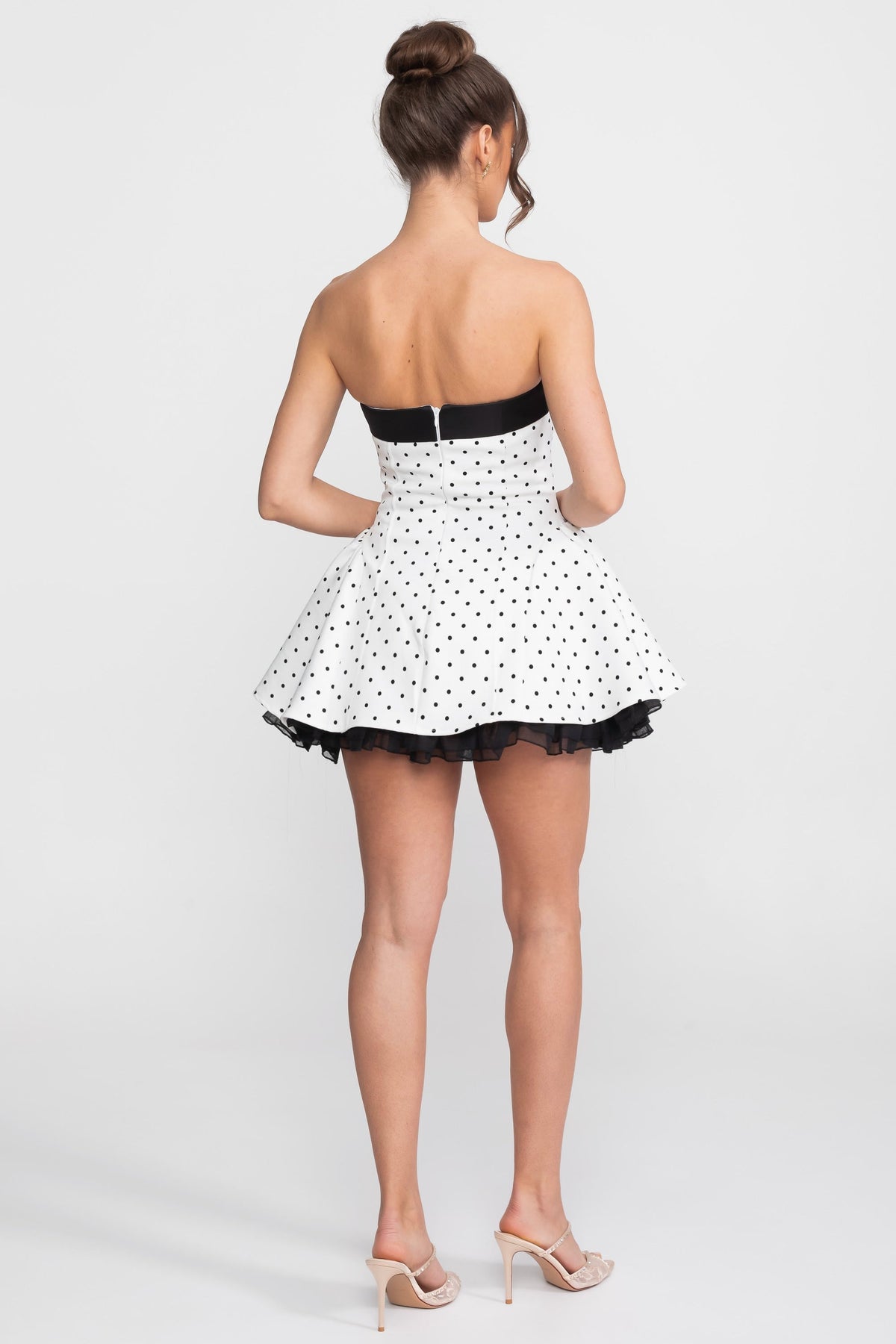 Strapless Velvet Mini Dress With Satin Bow And Ruffle Hem - White - View 4