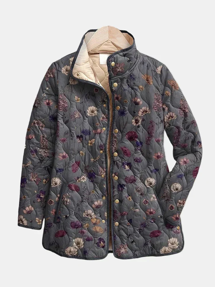 Floral Print Quilted Stand Collar Button Front Jacket 3