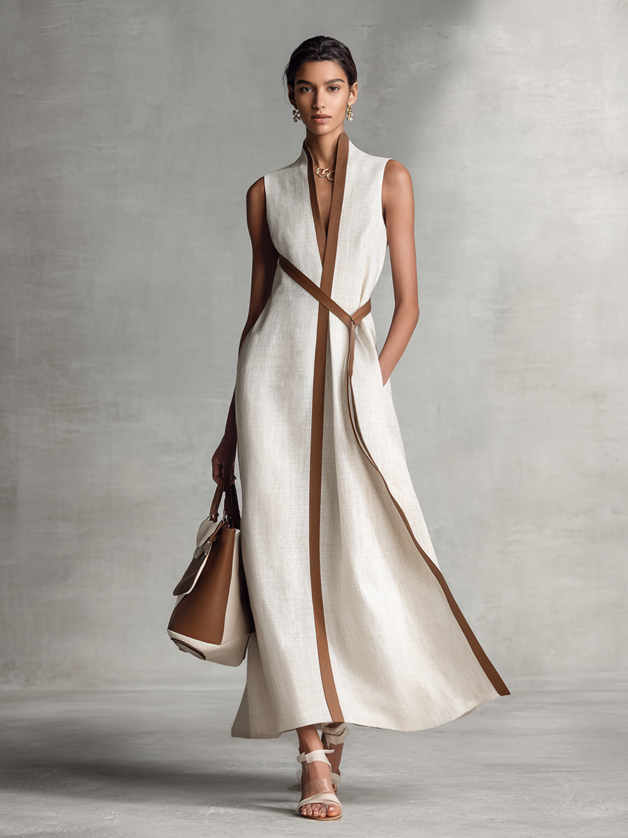 V-Neck Contrast Trim High Split Sleeveless Maxi Dress 3