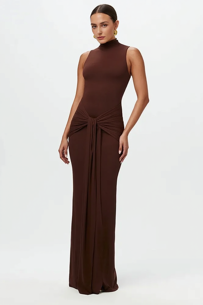 Crew Neck Sleeveless Tie Waist High Split Bodycon Maxi Dress - View 3